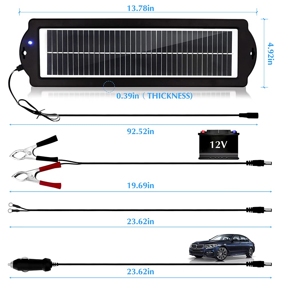 HISUNAGE 3W 12V Solar Car Battery Charger Maintainer, Portable Waterproof Solar Panel Trickle Charging Kit for Car, Automotive, Motorcycle, Boat, Marine, RV, Trailer, Powersports, Snowmobile, etc.