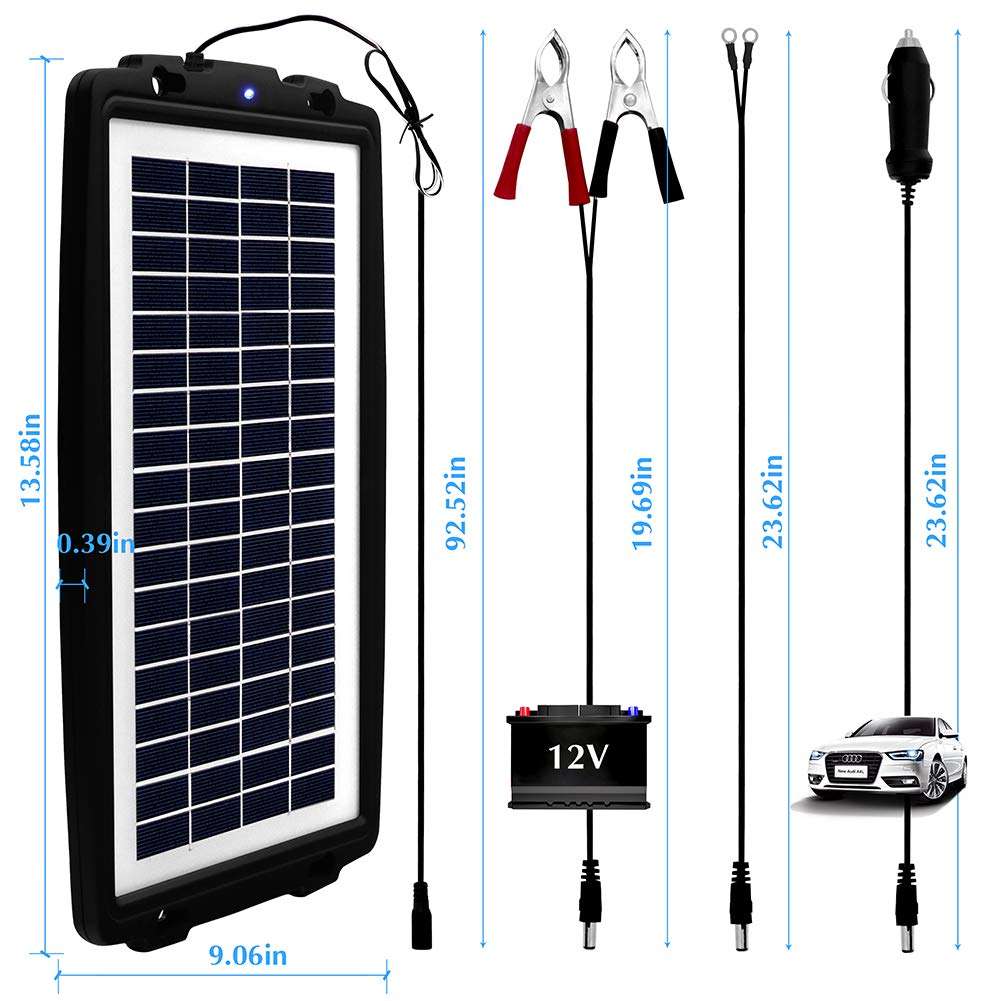 HISUNAGE 3W 12V Solar Car Battery Charger Maintainer, Portable Waterproof Solar Panel Trickle Charging Kit for Car, Automotive, Motorcycle, Boat, Marine, RV, Trailer, Powersports, Snowmobile, etc.