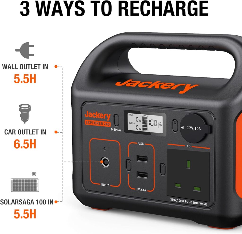 Jackery Portable Power Station Explorer 240, 230V/200W Pure Sine Wave AC Outlet, 240Wh Backup Lithium Battery for Outdoors Picnic Fishing Travel Party Camping