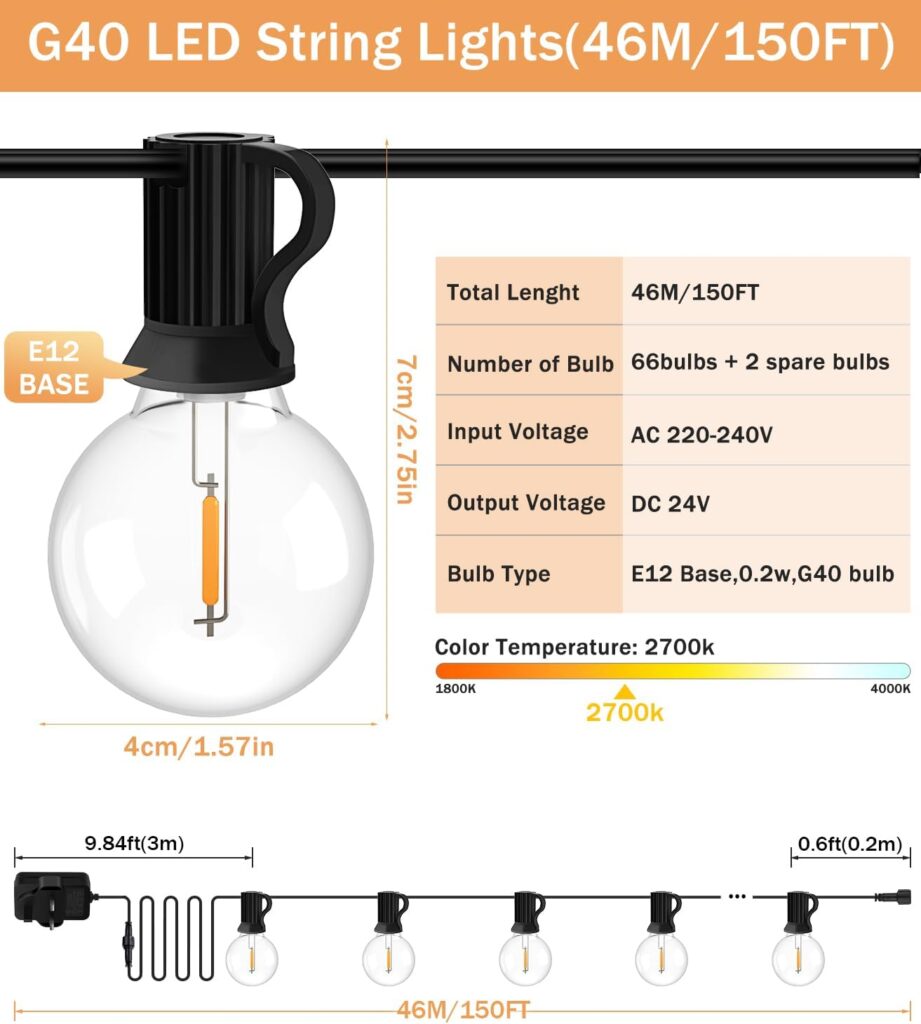 JEYMORKEY Festoon String Outdoor Garden Lights - 30M 100ft G40 Outside Electric Light Mains Powered Shatterproof LED Bulb Waterproof Lighting for Outside Patio Pergola Gazebo [Energy Class E]