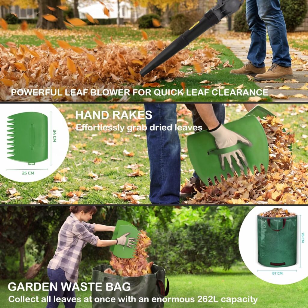 Leaf Blower Set by Bluemars - Powerful 3000W, 8m Corded Garden Blower with Garden Leaf Grabbers Heavy Duty Garden Waste Bags with Handles (262L)