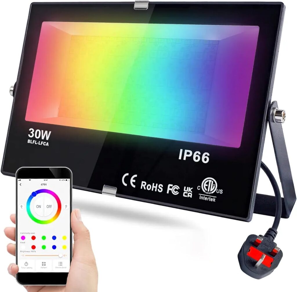 LED Flood Lights RGB Colour Changing 300W Equivalent Outdoor, 30W Bluetooth RGBW Smart Floodlight APP Control, IP66 Waterproof, Timing, 2700K 16 Million Colours for Garden Stage, DUSKTEC [Energy Class E]