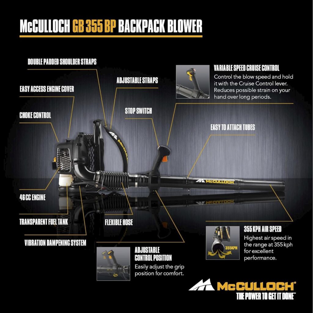 McCulloch GB 355 BP backpack leaf blower: Leaf blower with 1500 W engine power, variable speed, with backpack (art. no. 00096-70-887.01)