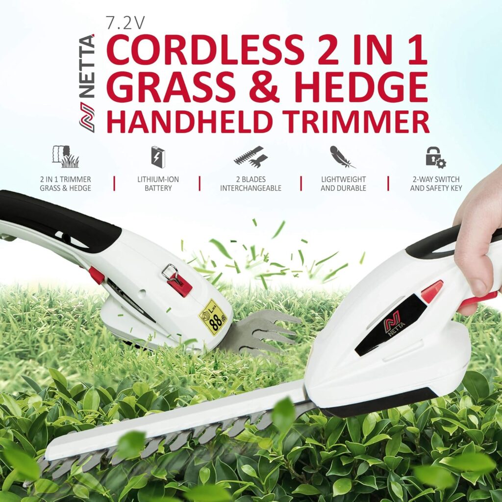 NETTA 2in1 Grass Shear Hedge Trimmer with 7.2V Rechargeable 1500mAh Lithium-Ion Battery, Edging and Shrub Shear, 2 Interchangeable Blades, Lightweight, Garden Cutting Edge Trimmer, Pruner - Handheld