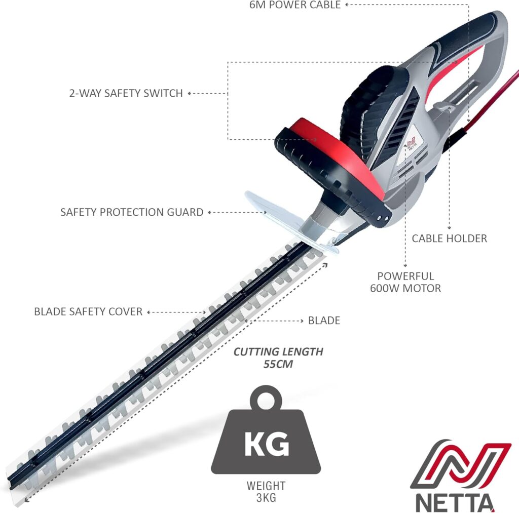 NETTA Hedge Trimmer and Cutter - 500W - 500mm Diamond Cutting Blade - 16mm Tooth Opening - 6M Power Cable - Ultra-Light 2.6kg - Two-Way Safety Switch - Soft Grip Handle