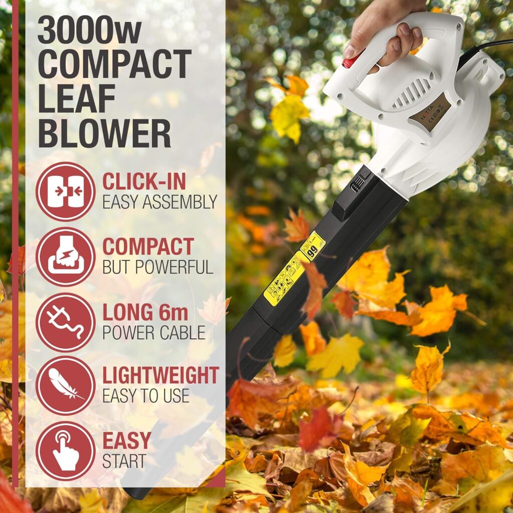 NETTA Leaf Blower | 3000W | Lightweight 1.8kg | Detachable Tubes to Save Space | Easy Click-In Assembly and Quick Start Button | Compact Design | 6M Power Cable