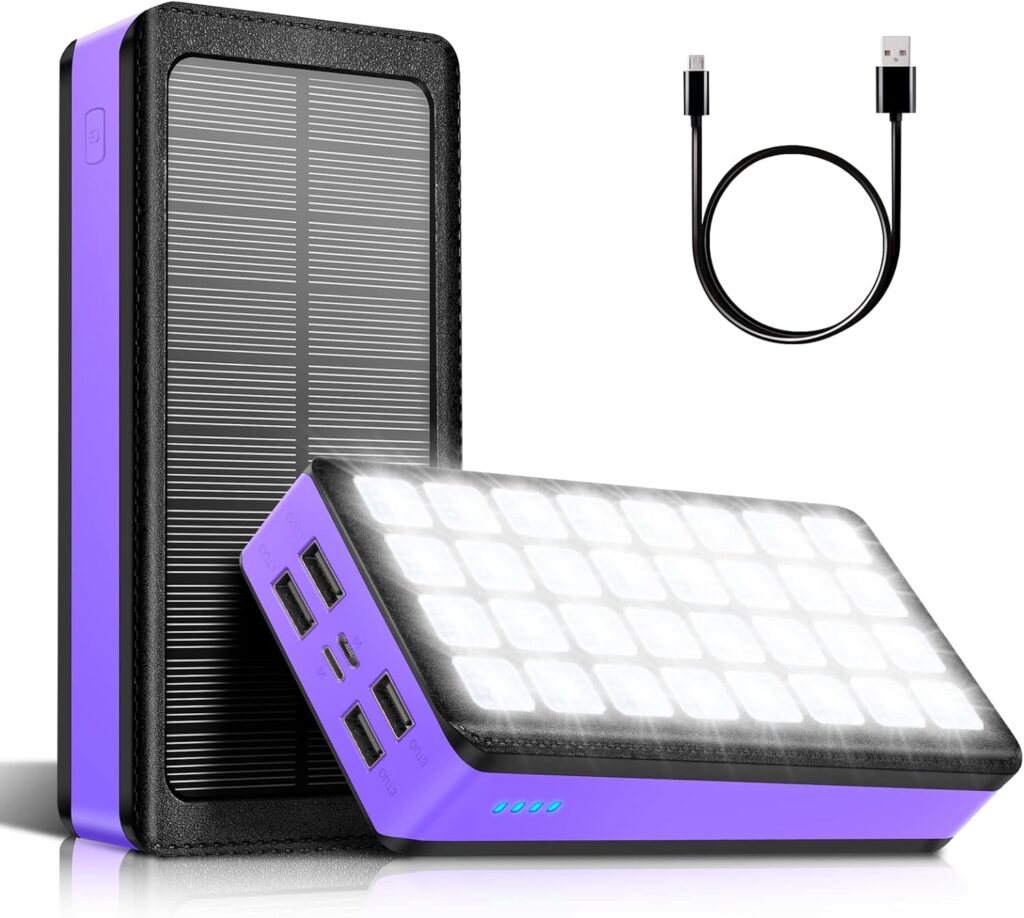 Portable USB Solar Charger 30000mAh, Solar Power Bank with 4 Outputs Dual Inputs 32 LEDs Flashlight, Waterproof Charger Fast Charging Battery Pack for Smartphones Tablets Outdoors