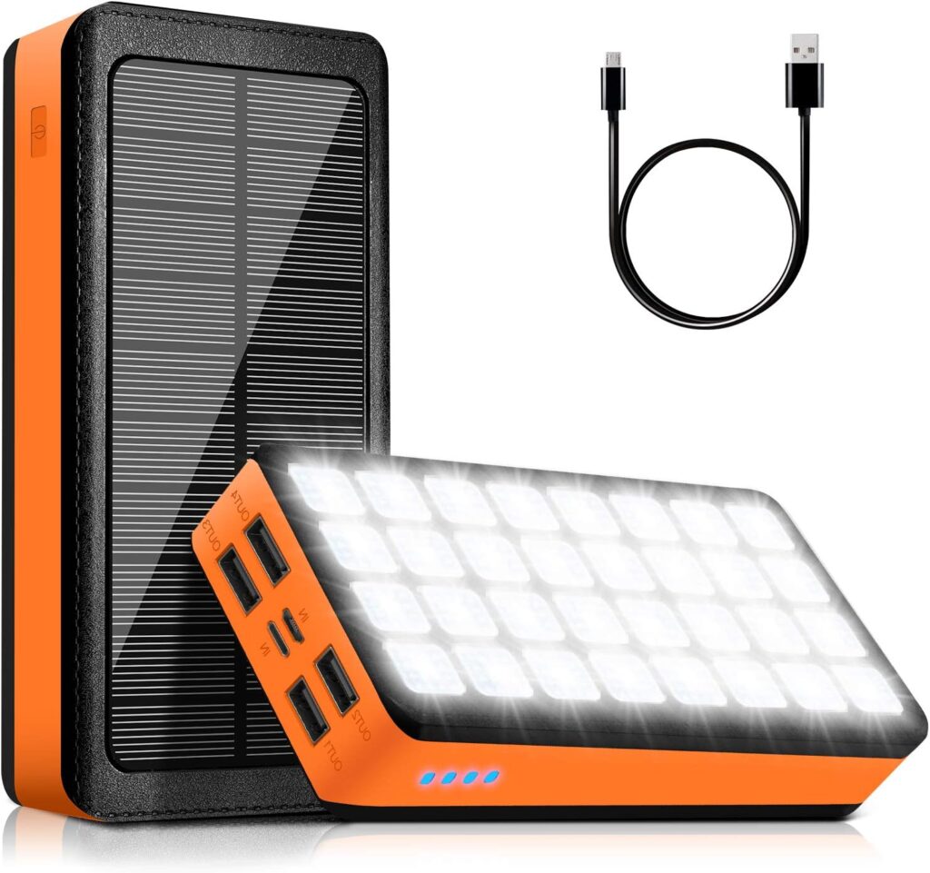 Portable USB Solar Charger 30000mAh, Solar Power Bank with 4 Outputs Dual Inputs 32 LEDs Flashlight, Waterproof Charger Fast Charging Battery Pack for Smartphones Tablets Outdoors