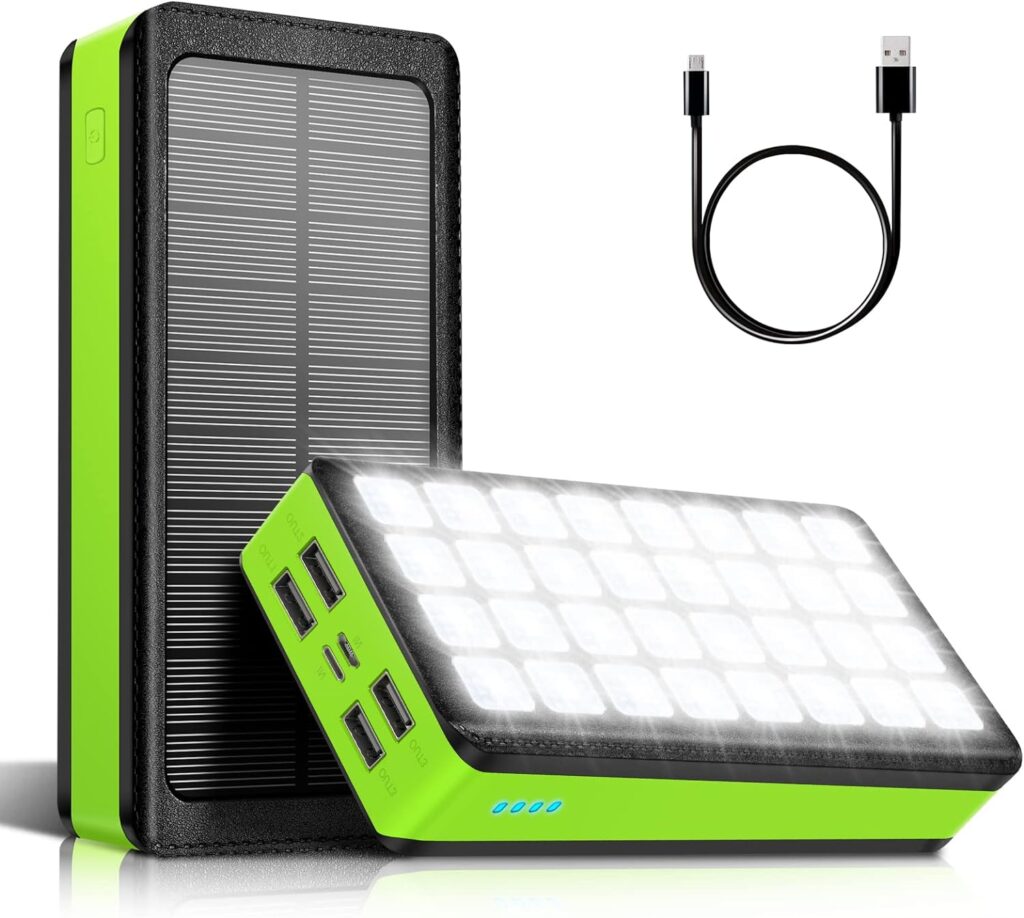 Portable USB Solar Charger 30000mAh, Solar Power Bank with 4 Outputs Dual Inputs 32 LEDs Flashlight, Waterproof Charger Fast Charging Battery Pack for Smartphones Tablets Outdoors