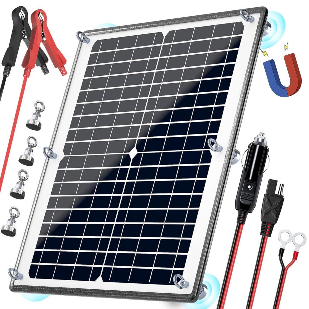 POWOXI Solar Panel, 12V 10W Magnetic Solar Battery Charger Maintainer, Built-in Intelligent Charge Controller, Waterproof Solar Trickle Charger Alligator Clip for Car RV Motorcycle Marine, etc.