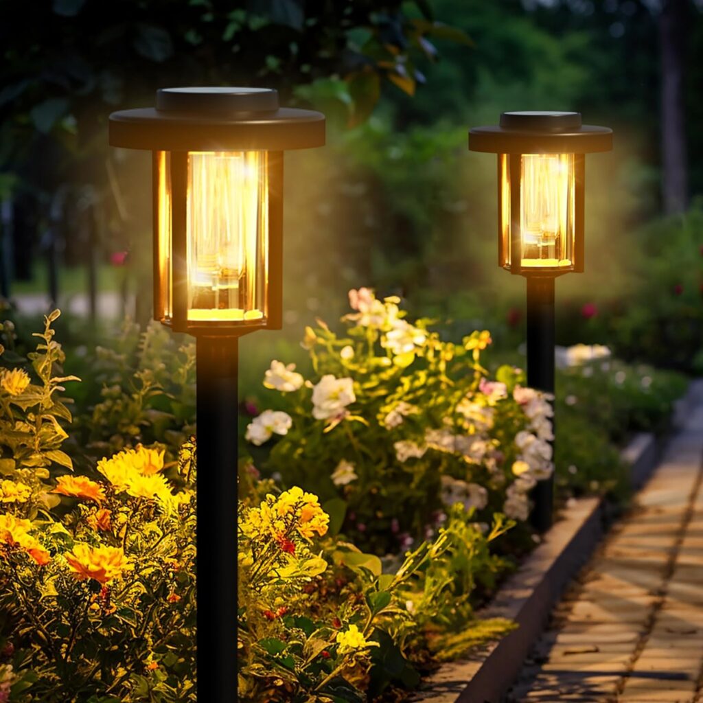 Solpex Solar Lights Outdoor Garden, 2 Pack LED Garden Solar Lights, Waterproof Solar Powered Path Lights for Garden, Patio, Landscape, Walkway, Warm White [Energy Class A]