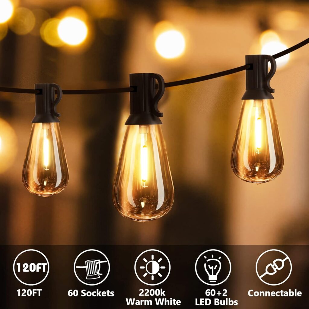 SUWIN Outdoor String Lights, 120FT ST38 LED Festoon Lights Outdoor, IP44 Waterproof Globe Garden String Lighting with 60+2 Bulbs, 2200K Outside Patio Lights for Décor Cafe Party [Energy Class A]