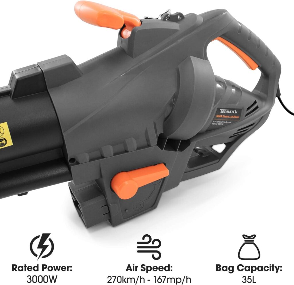 Terratek Corded Leaf Blower and Garden Vacuum 3000W, 3 in 1 Lightweight Mulcher, Leaf Blower and Vacuum, 35L Garden Blowers Collection Bag, 10m Cable, Wheels Shoulder Strap Included