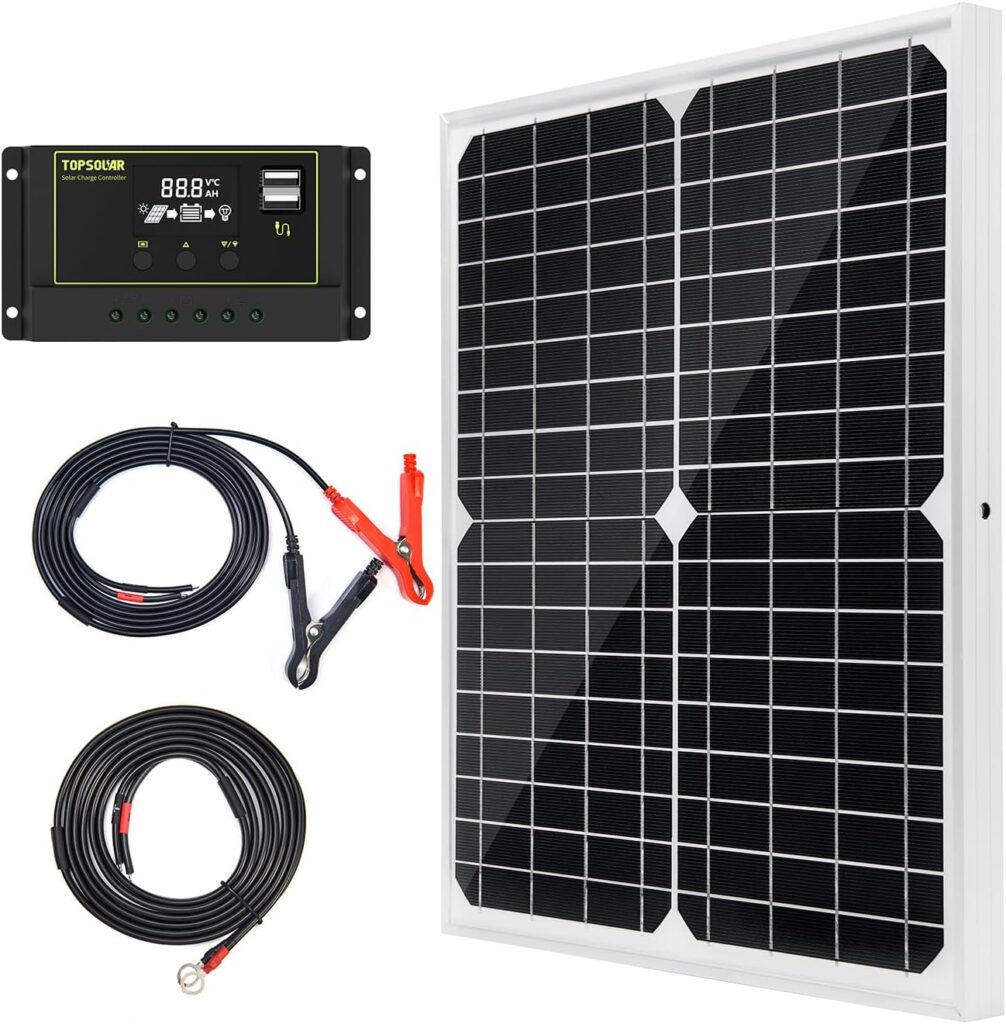 Topsolar 20W 12V Solar Panel kit Battery Charger Maintainer + 10A PWM Solar Charge Controller +Solar Cable for Car RV Marine Boat 12 Volt Battery Off Grid