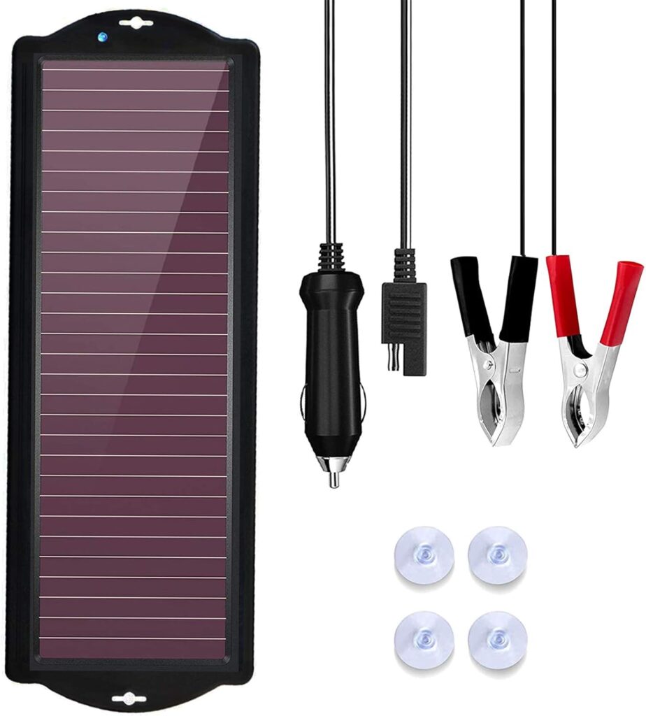 TRAMILY Solar Car Battery Trickle Charger,12V 2.5W Waterproof Portable Amorphous Solar Panel with Cigarette Lighter Plug Battery Clamp for Automotive,Motorcycle,Boat,Marine,RV,Trailer,Snowmobile,etc.